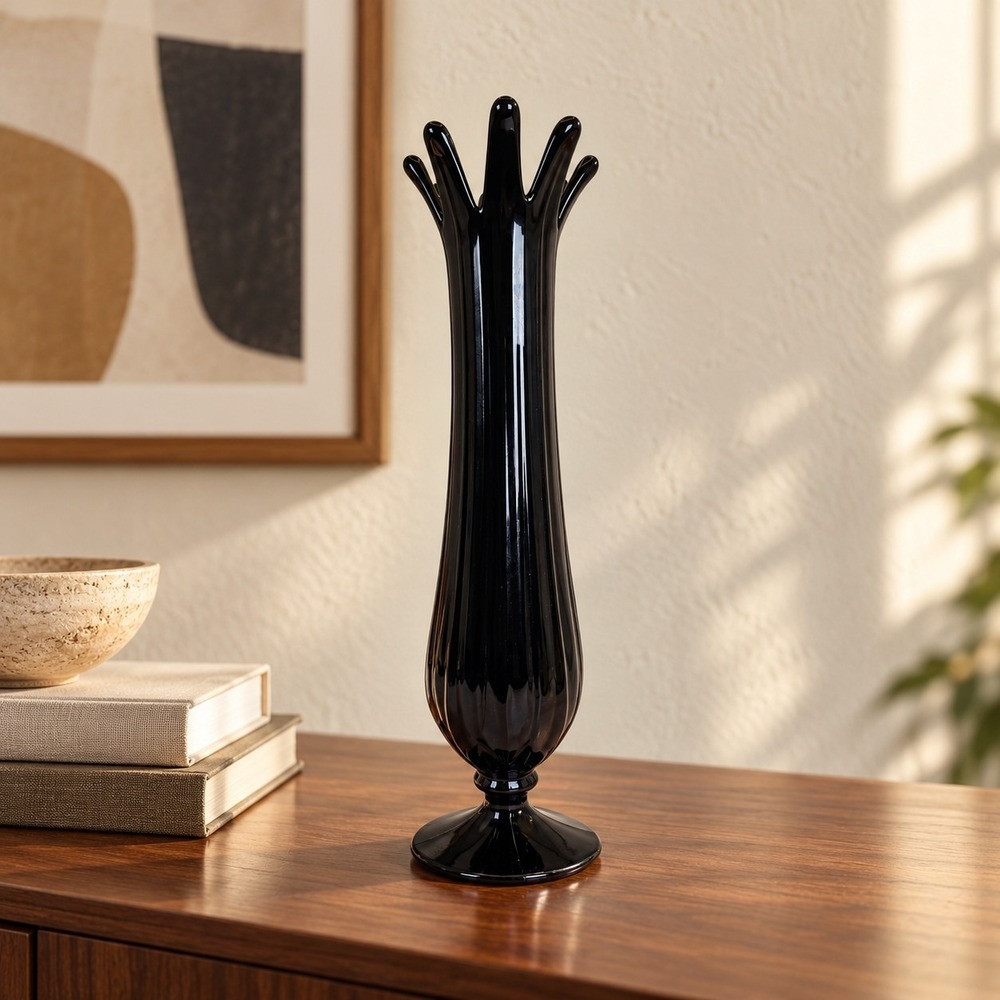 Vintage Westmoreland Lotus Ebony Black Glass Swung Vase 11" Footed Bud Vase WG